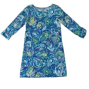 Lilly Pulitzer Linden Dress Oh Shucks Sparkling Blue Pima Cotton 3/4 Sleeve Sz S